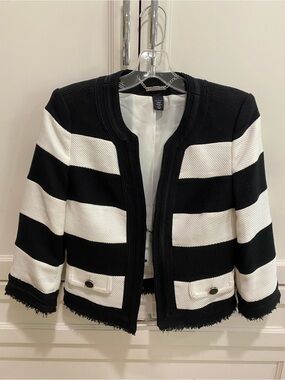 White House Black Market Black and White Striped Cropped Blazer